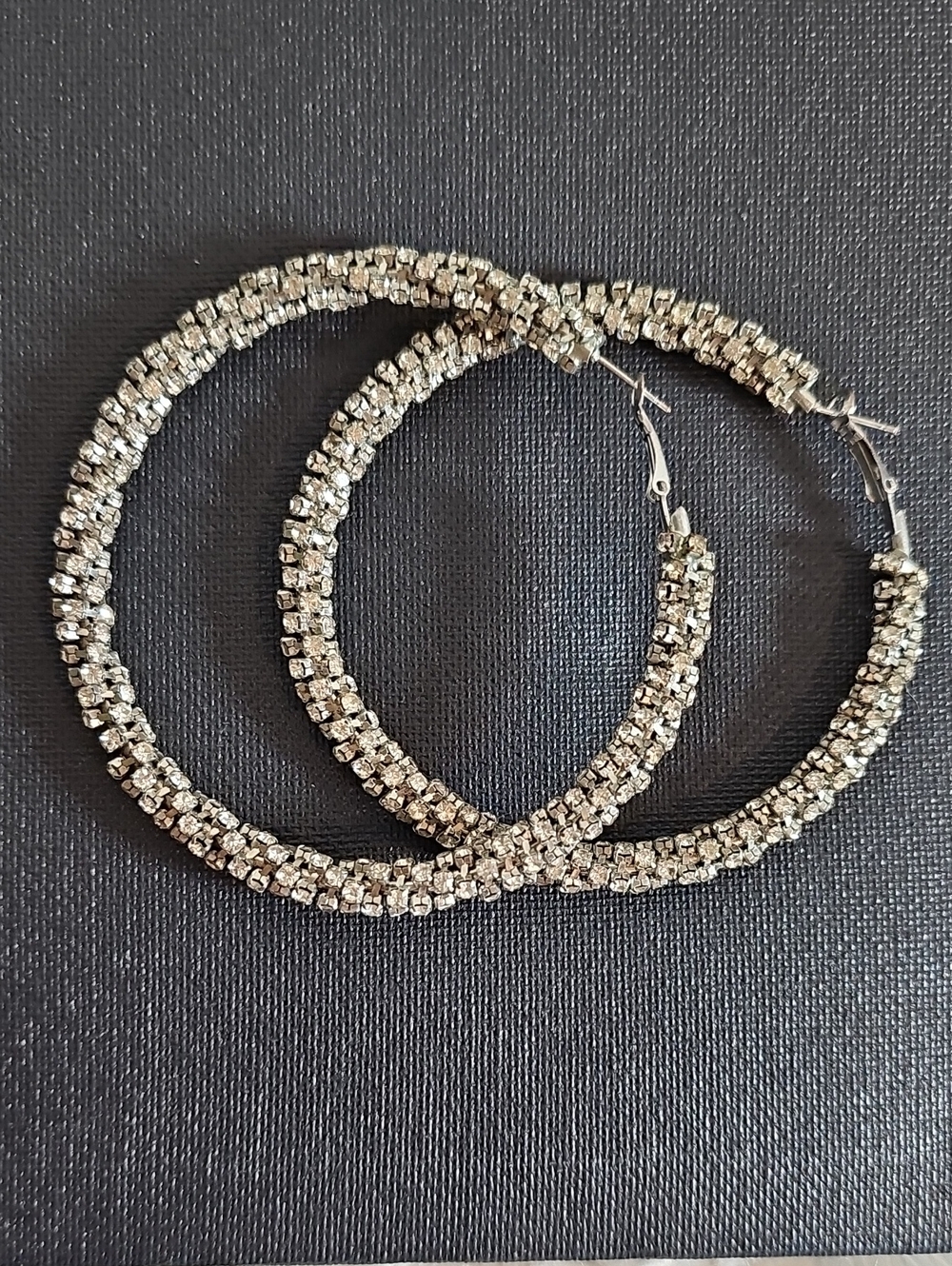 Oversized Rhinestone Hoop Earrings 3” Silver Tone Statement